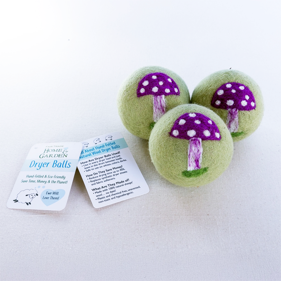 Three felt dryer balls mushroom design