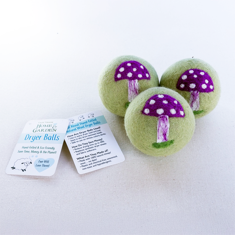 Three felt dryer balls mushroom design