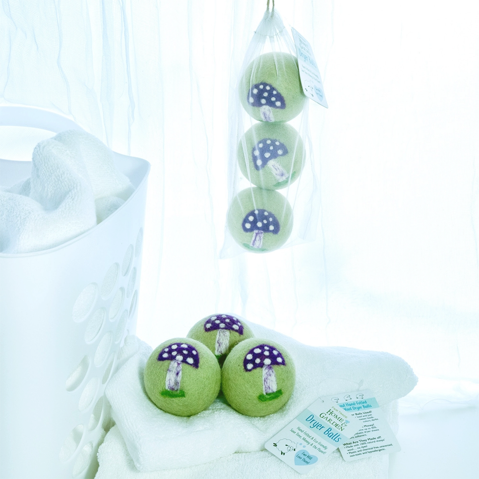 Three felt dryer balls mushroom design