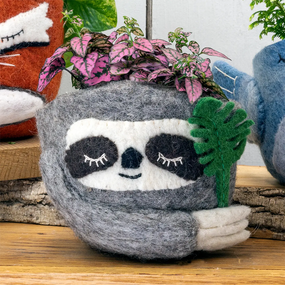 Felted wool planter basket sloth design