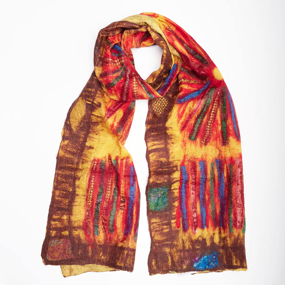 Felted silk scarf with bright yellow red sun design