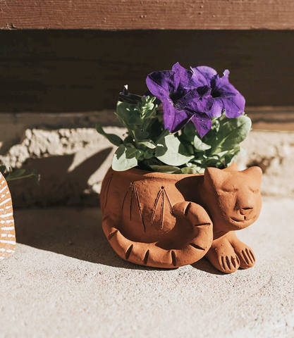 Terracotta small planter with cat design