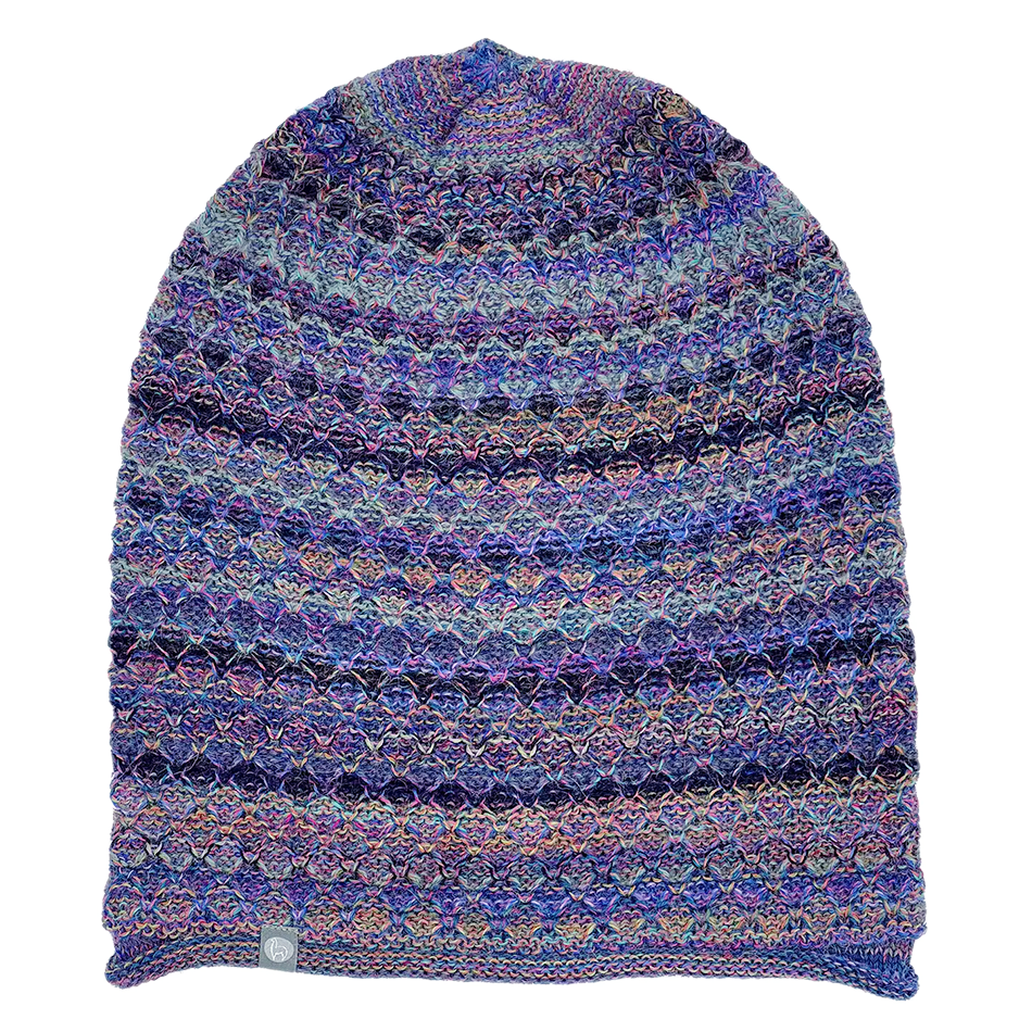 Fair trade baby alpaca knitted hat with purple, pink, blue and more colors.