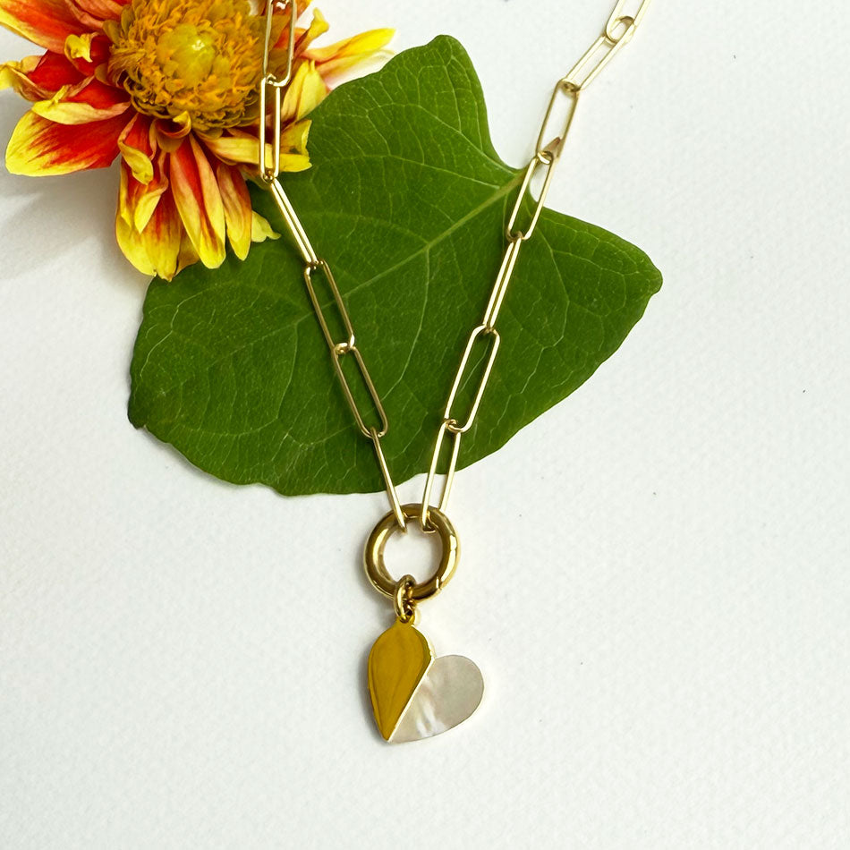 Heart necklace gold with pearl and chunky chain handmade by survivors of human trafficking.