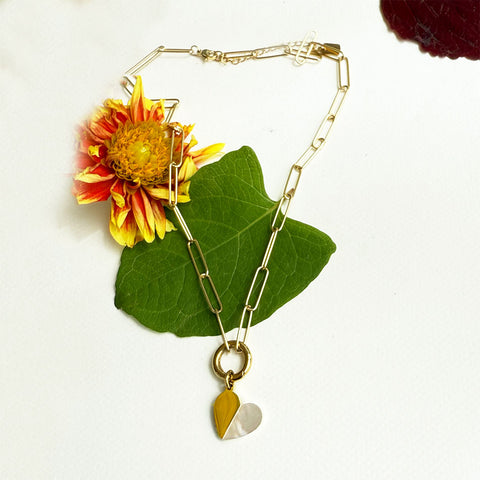 Heart necklace gold with pearl and chunky chain handmade by survivors of human trafficking.