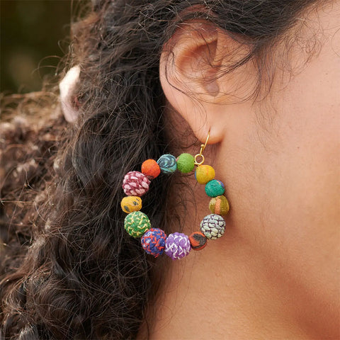 Fair trade recycled sari fabric colorful hoops earrings.  