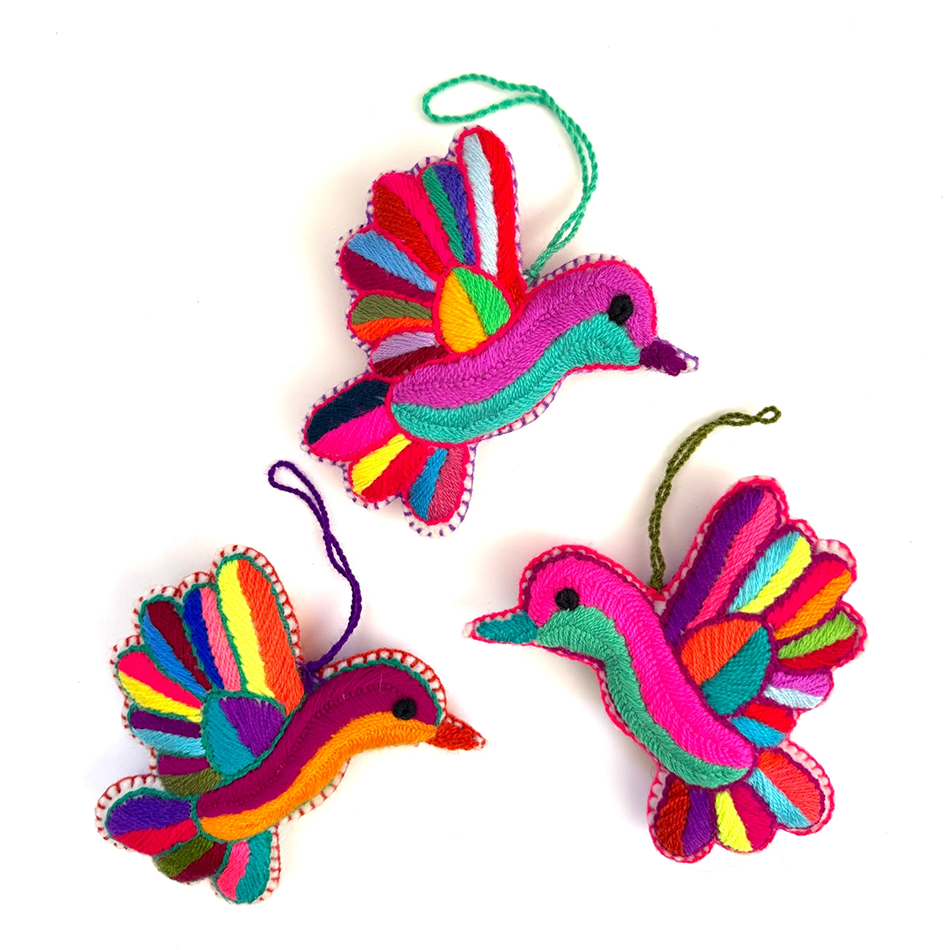 Fair trade colorful embroidered hummingbird ornament.