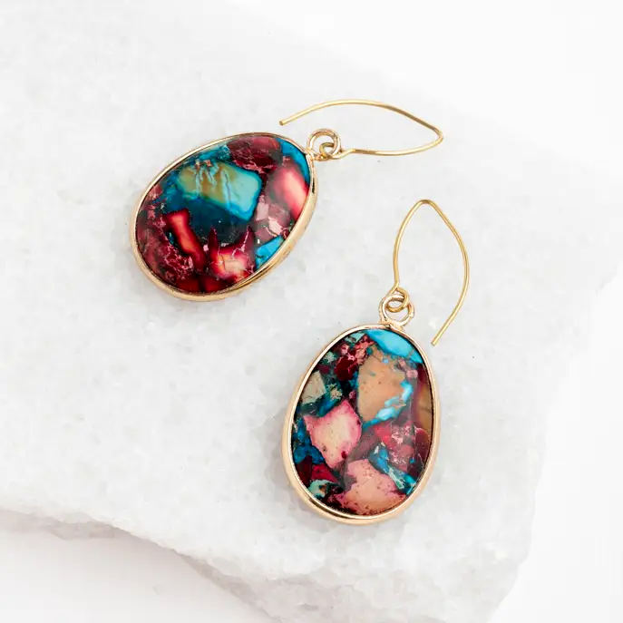 Fair trade earrings handmade out of multi-colored jasper stone with blue and red.