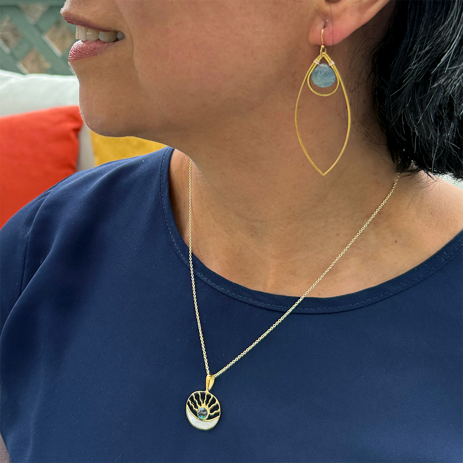 Oval shaped large brass earrings with labradorite stone