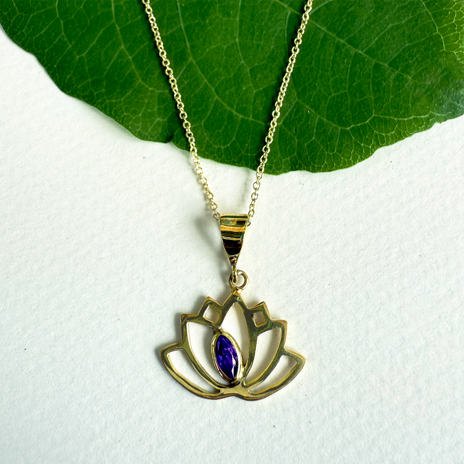 Fair trade brass lotus necklace with amethyst stone.