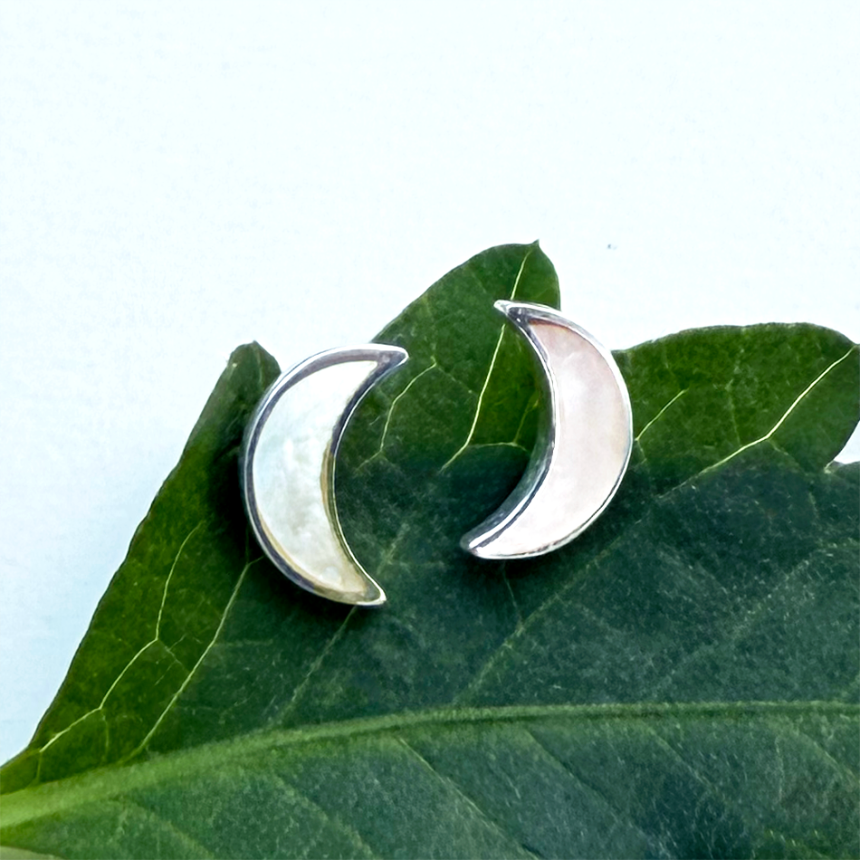 Sterling silver mother-of-pearl crescent moon studs earrings.