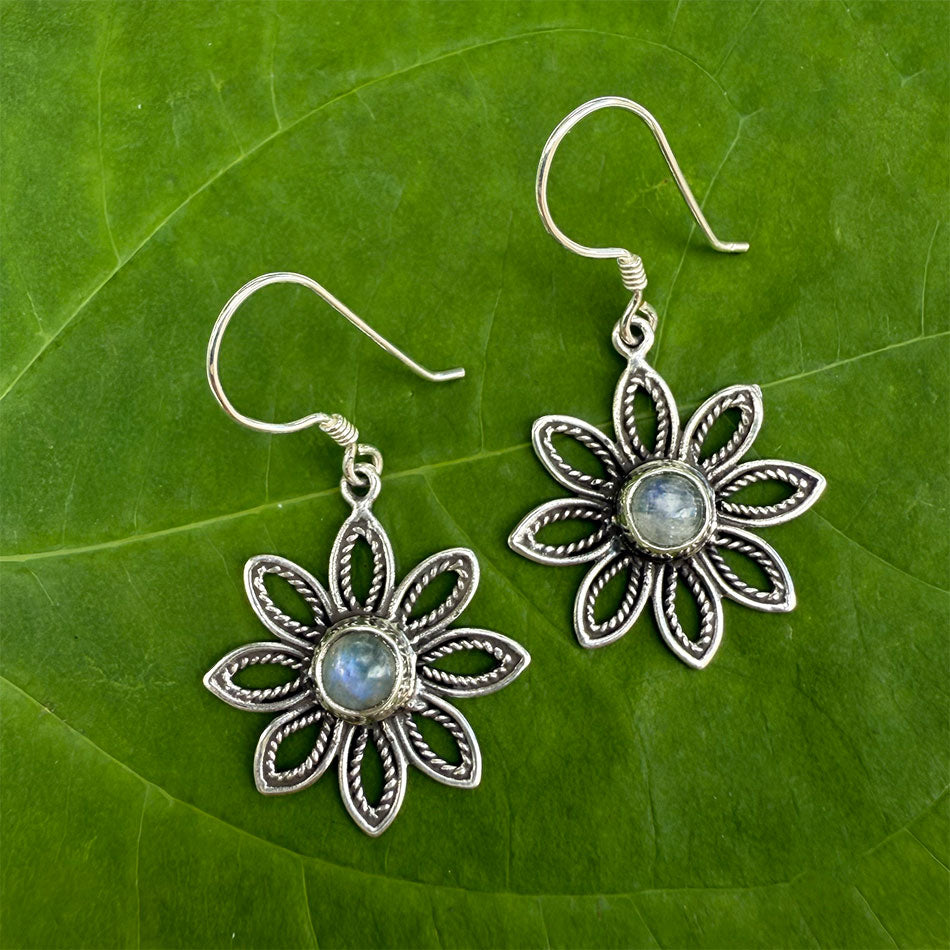 Fair trade flower moonstone sterling silver earrings.