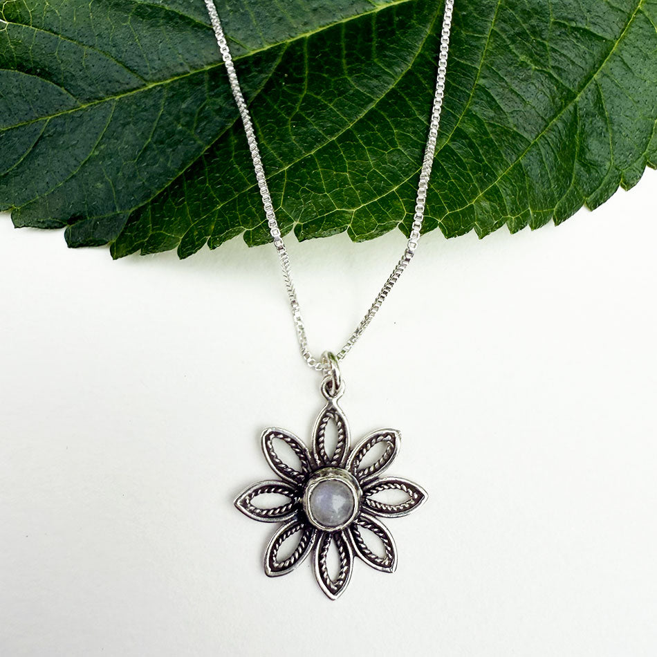 Fair trade sterling silver moonstone flower necklace.