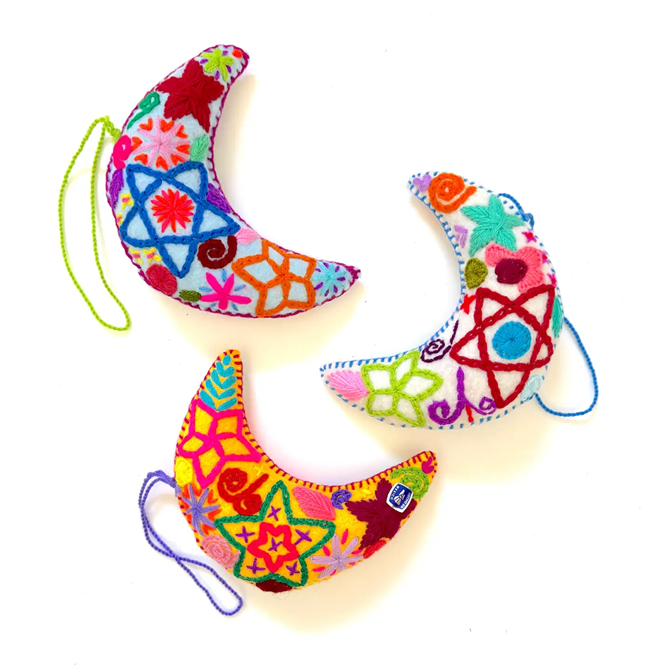 Fair trade embroidered crescent moon ornament.