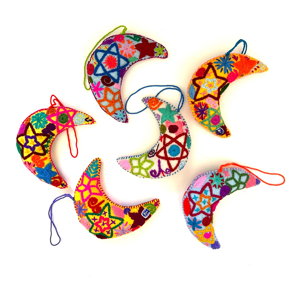 Fair trade colorful embroidered crescent moon ornament.