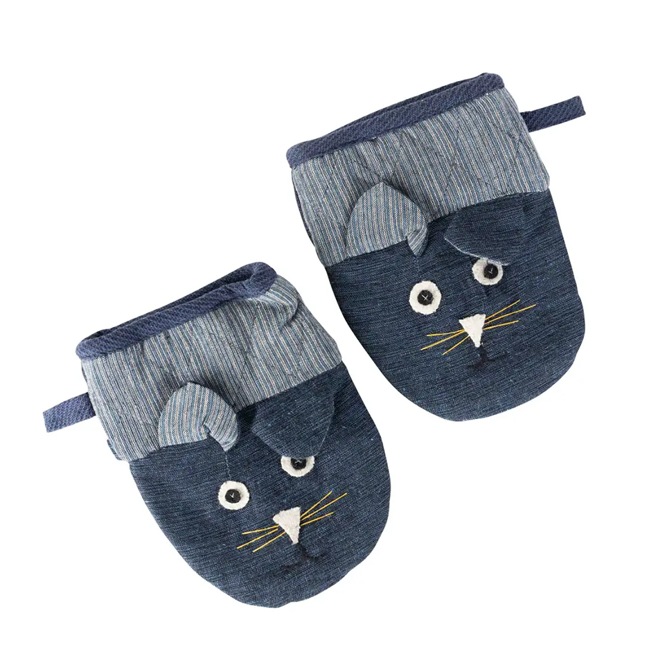 Set of 2 fair trade oven mitts with a cat design in blue colors.