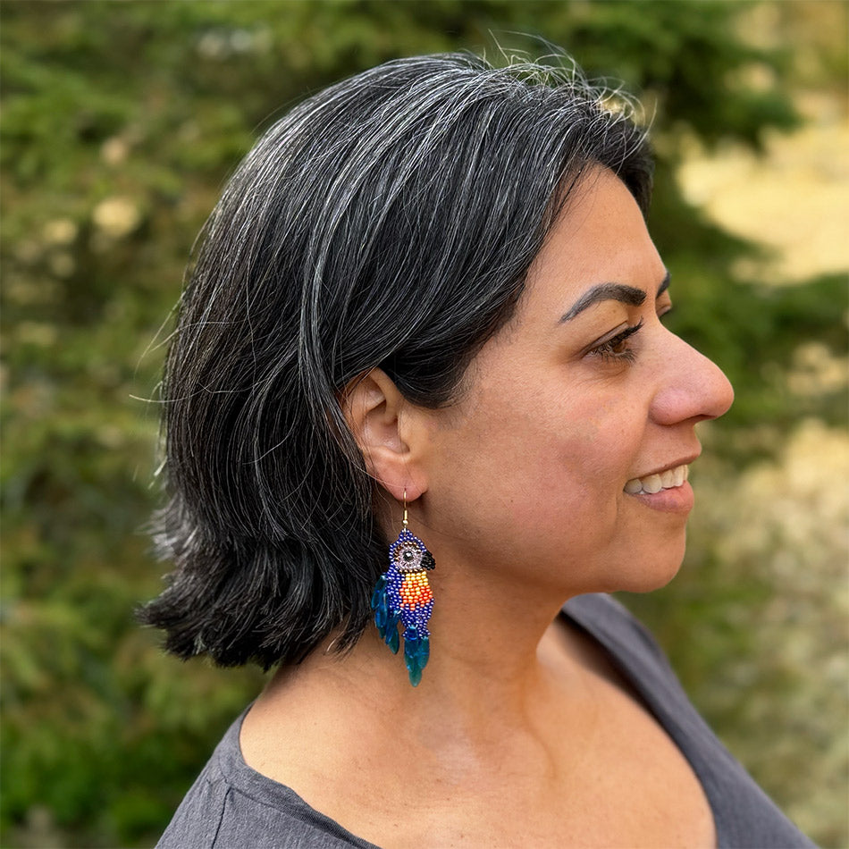 Fair trade beaded parrot earrings ethically handmade by artisans in Guatemala