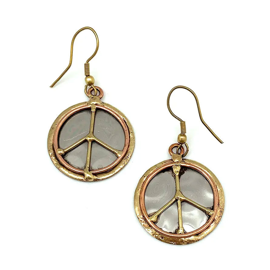 Fair trade peace sign earrings in brass, copper and stainless steel.