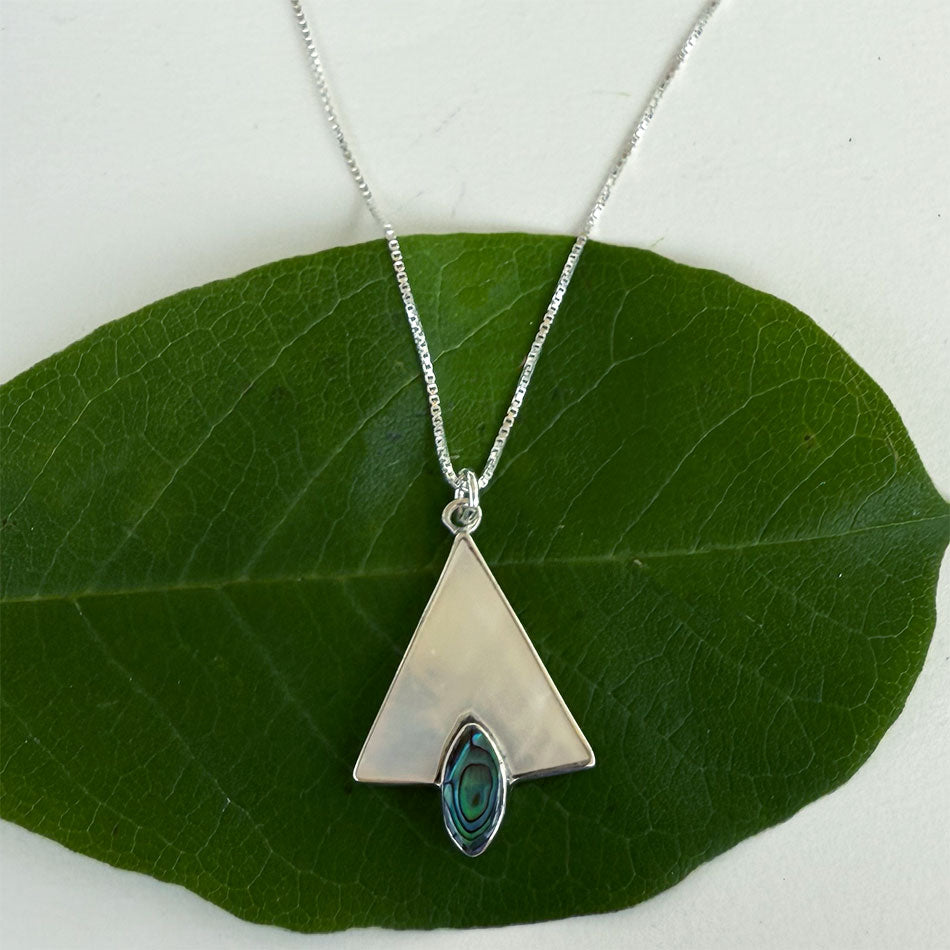 Fair trade pearl and abalone sterling silver necklace.