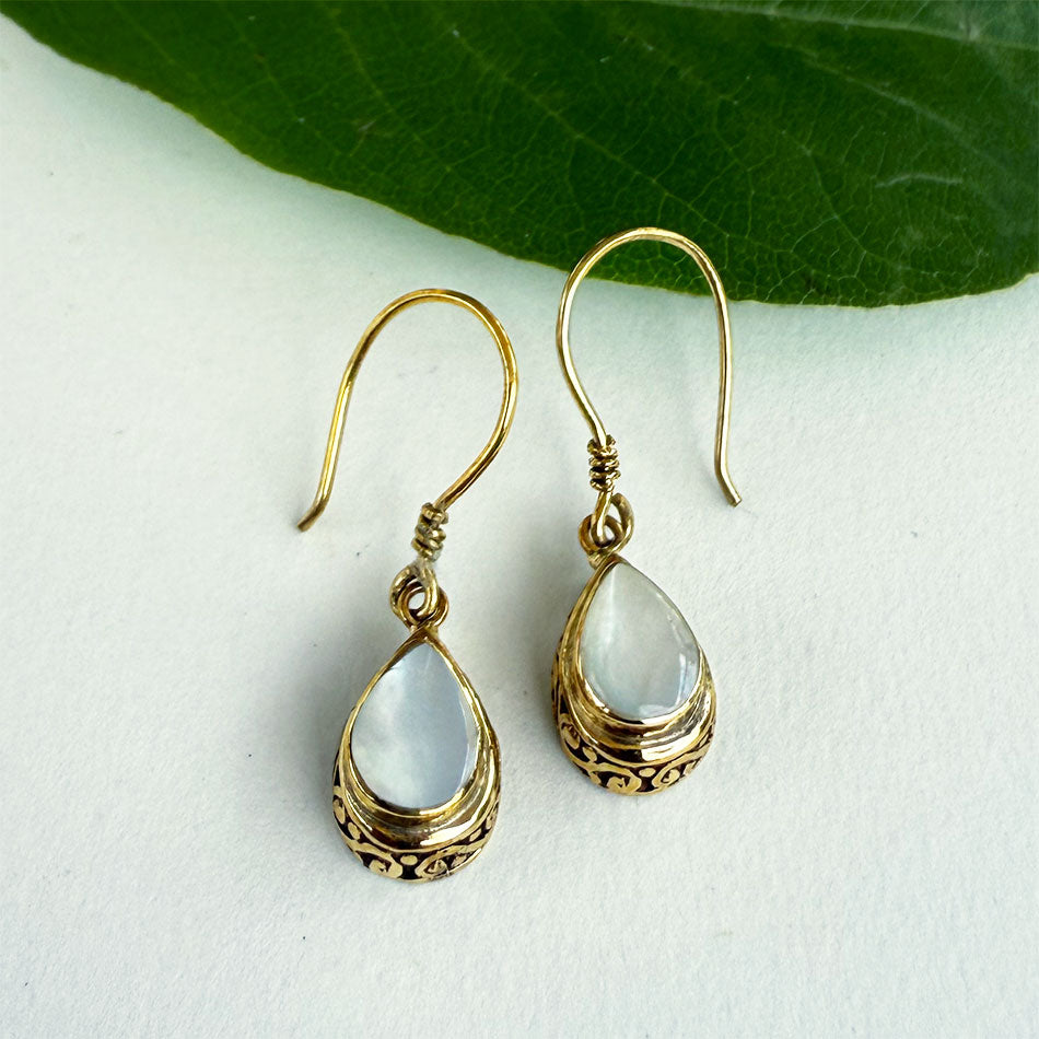 Fair trade pearl brass teardrop earrings handmade.