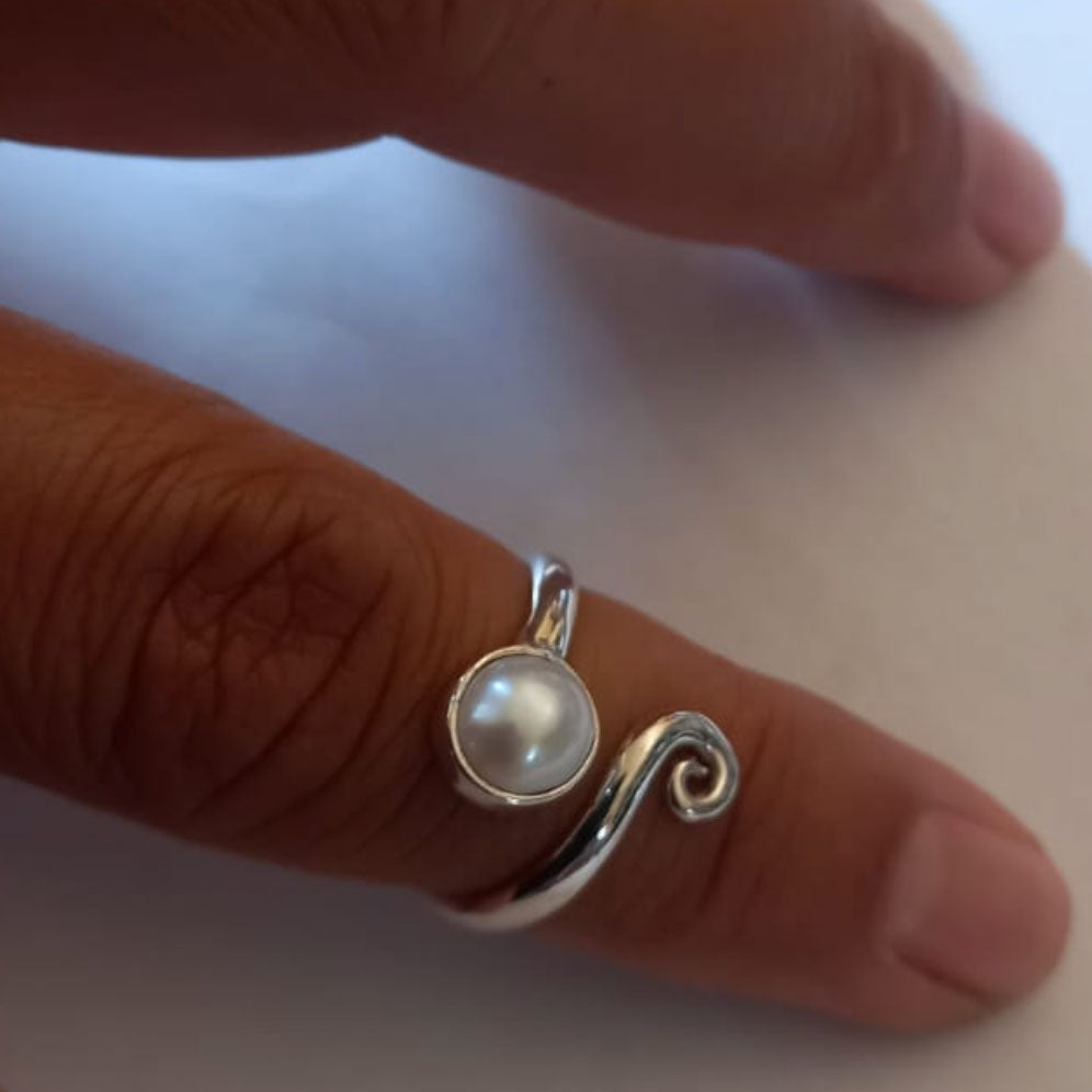 Ethically handmade sterling silver pearl ring adjustable