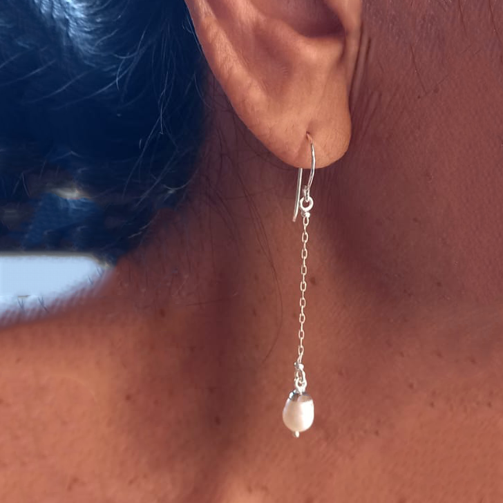 Sterling silver earrings with chain and pearl on the bottom.