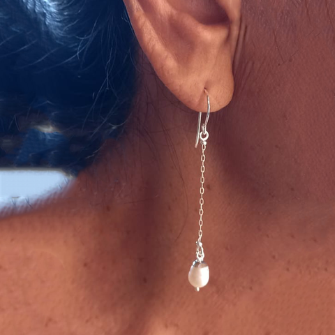 Sterling silver earrings with chain and pearl on the bottom.