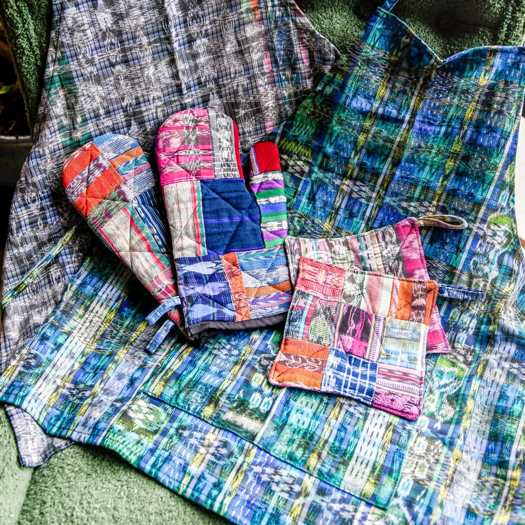 Colorful patchwork potholders and oven mitts Guatemala cotton