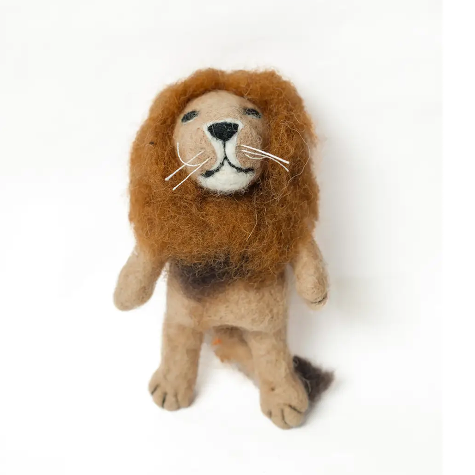 Fair trade lion finger puppet felted wool handmade by women in Nepal.
