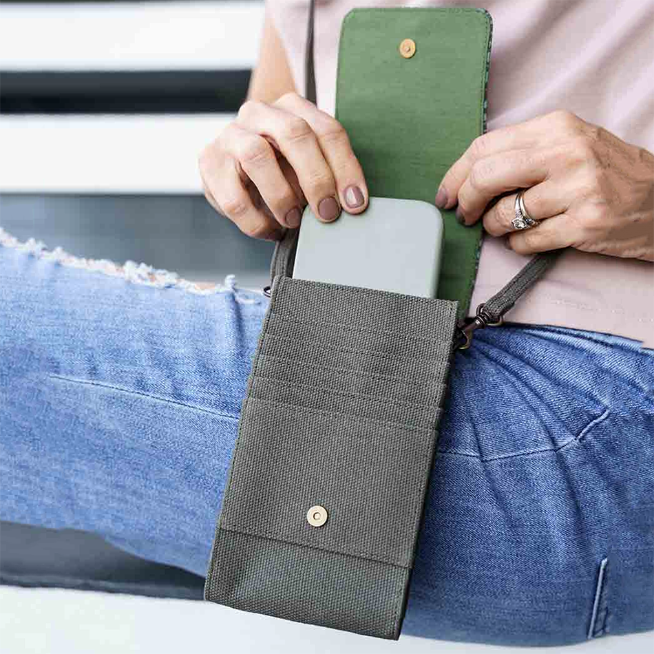 Recycled cotton cell phone bag handmade by human trafficking survivors in Cambodia.