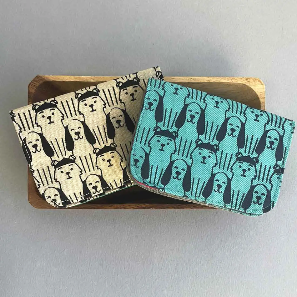 Fair trade recycled cotton small wallet card holder with dog design.