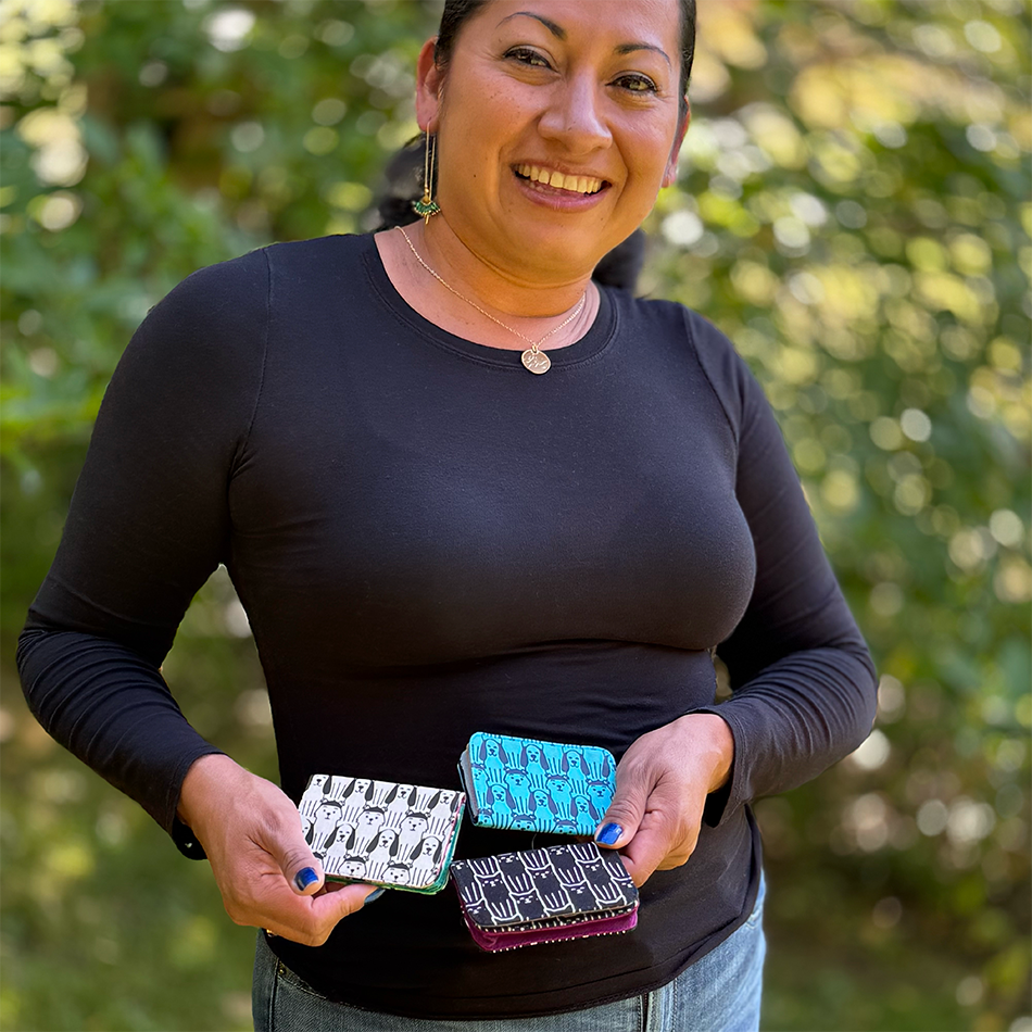 Fair trade recycled cotton small wallet card holder with dog design.