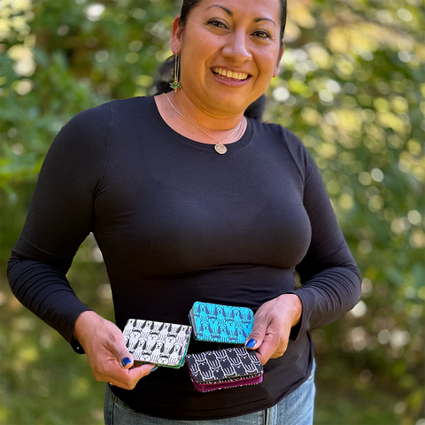 Fair trade recycled cotton small wallet card holder with dog design.