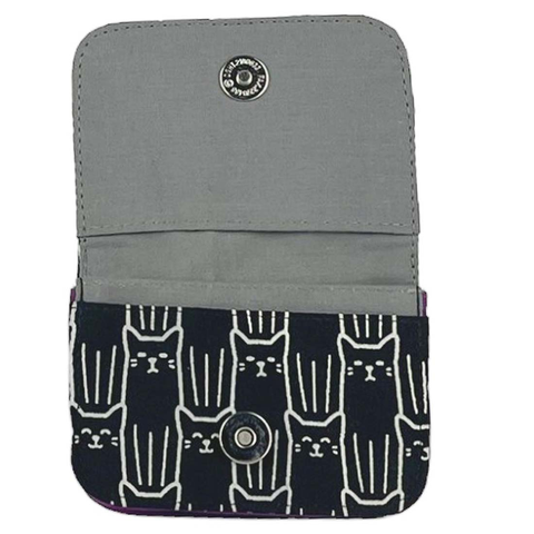 Fair trade recycled cotton small wallet card holder with cat design.