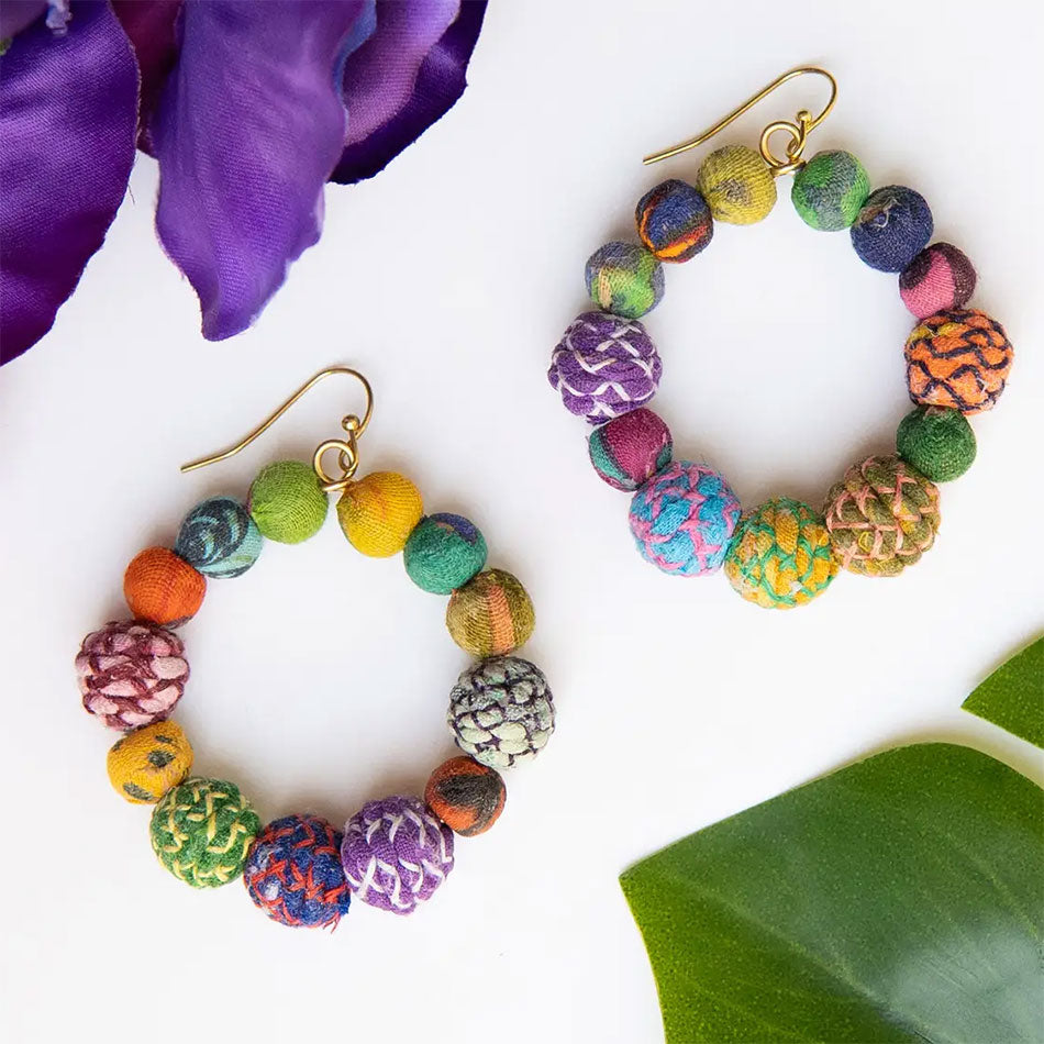 Fair trade recycled sari fabric colorful hoops earrings.  