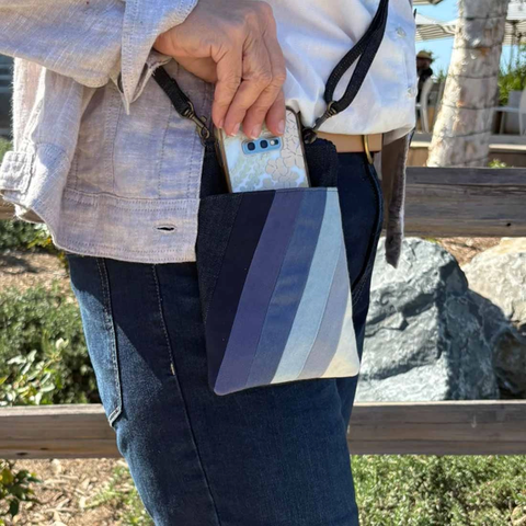 Recycled cotton denim stripe cell phone crossbody bag.