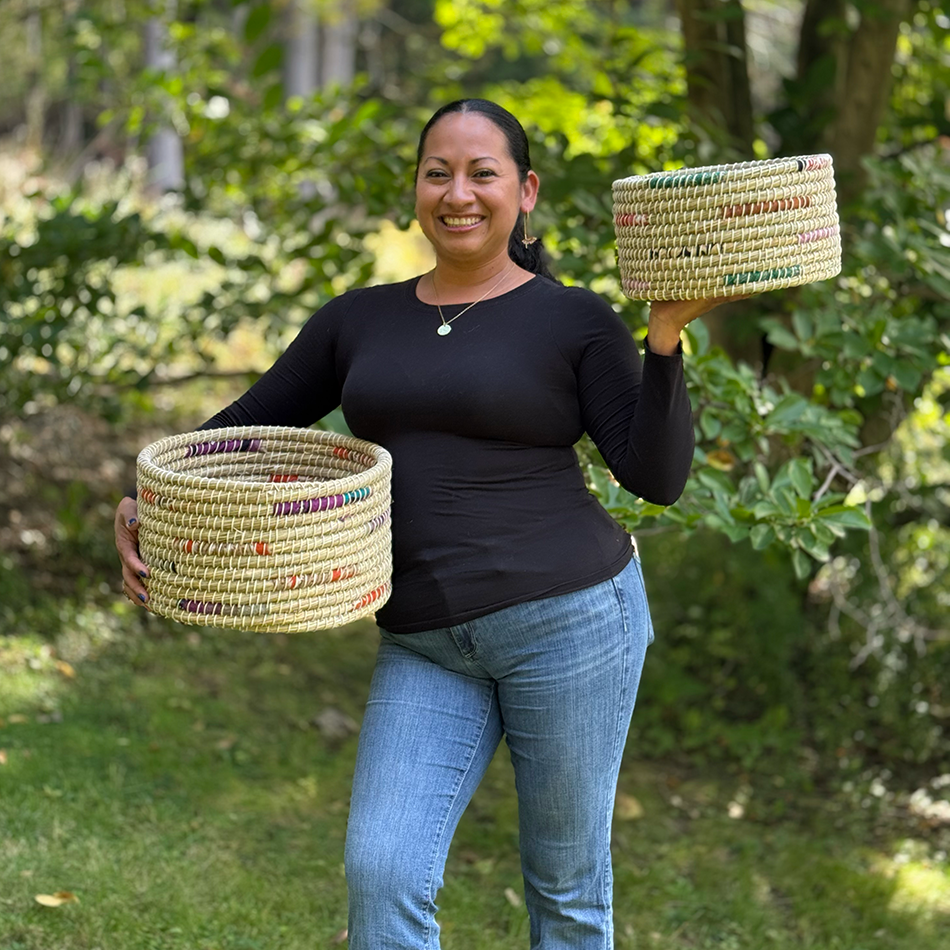 Large fair trade basket with sari fabric set of 2.