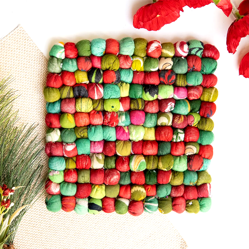 Fair trade recycled sari trivet red and green.