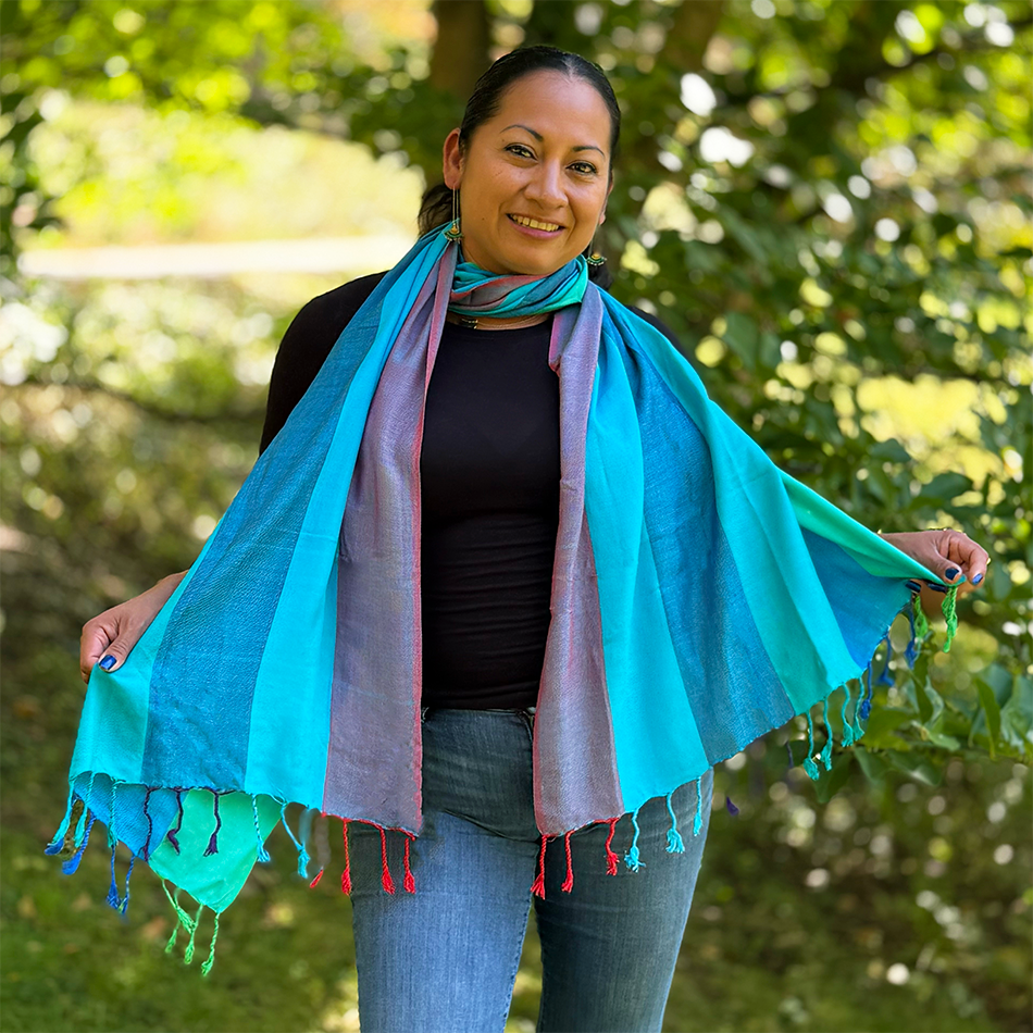 The scarf is large enough to wear as a wrap for those cool days and nights, as well as around the neck. 