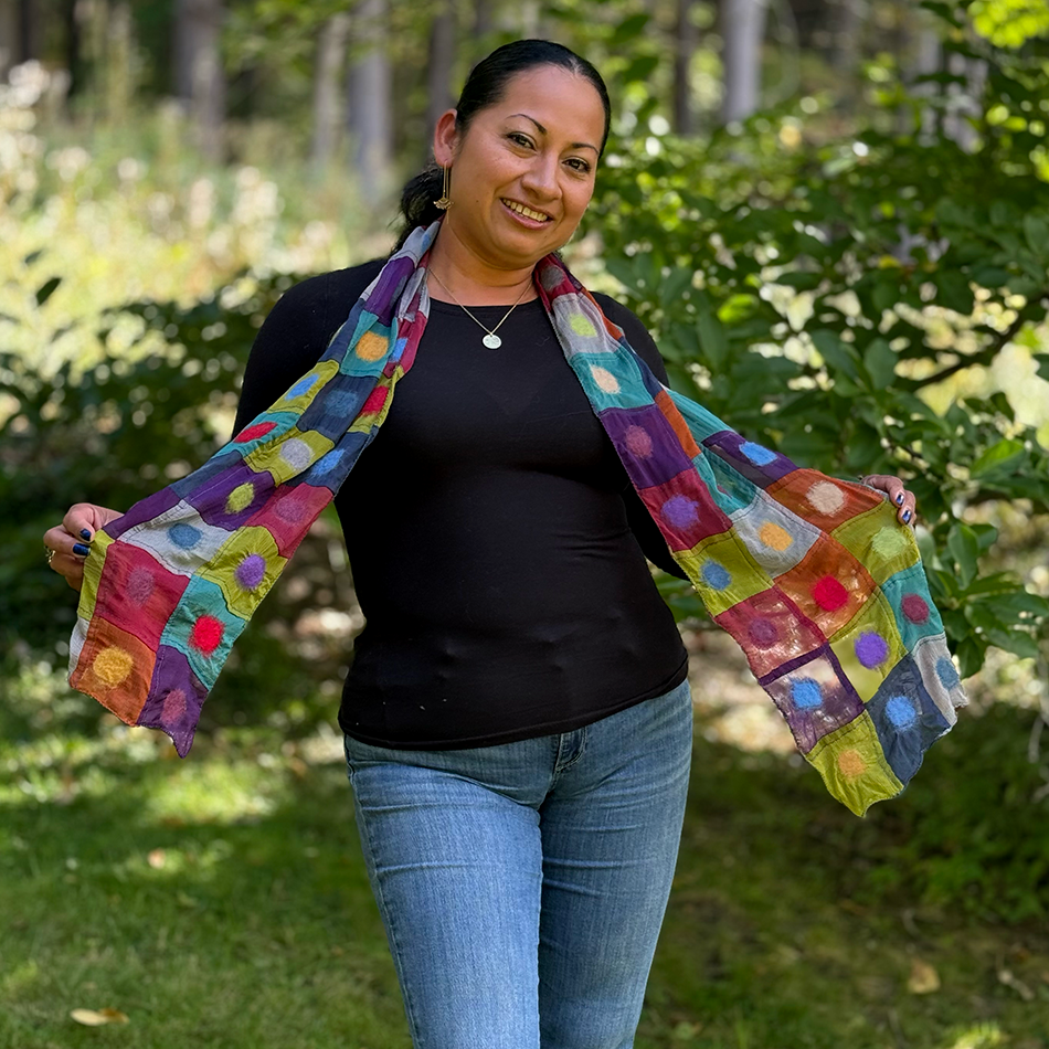 Fair trade silk scarf with colorful wool felted polka dots