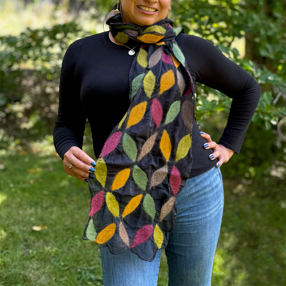 Fair trade silk felt scarf with leaf design