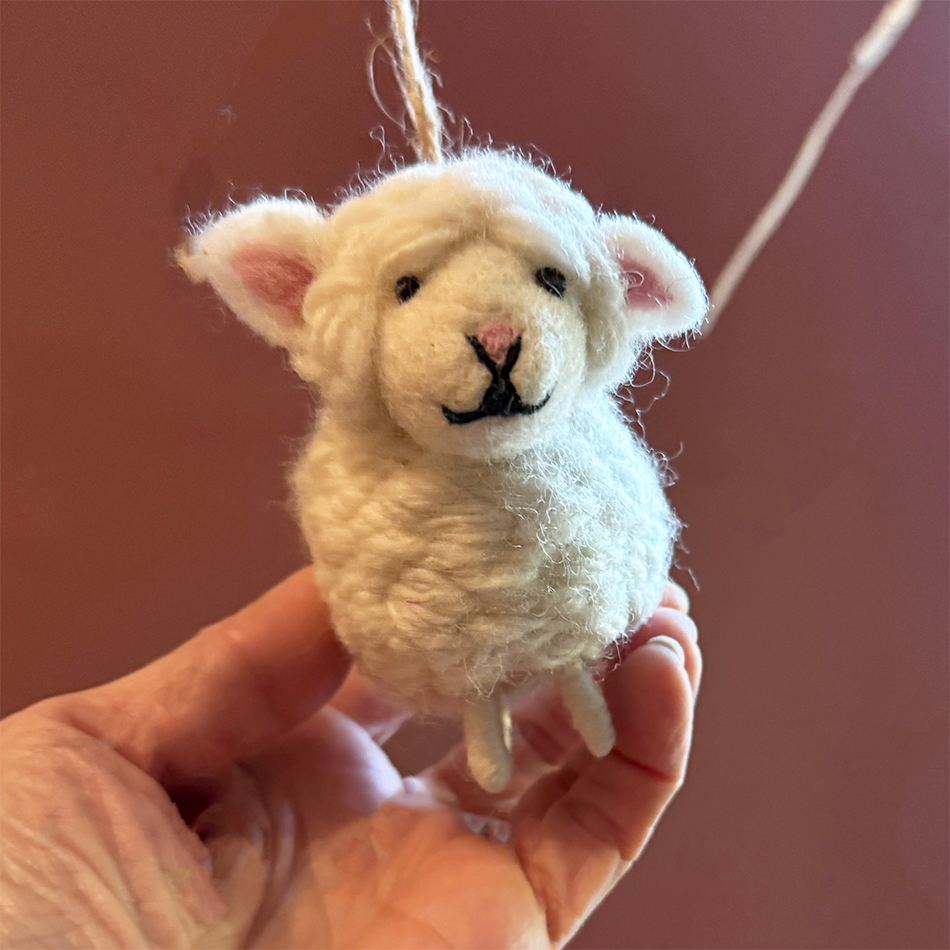 White felted wool sheep ornament
