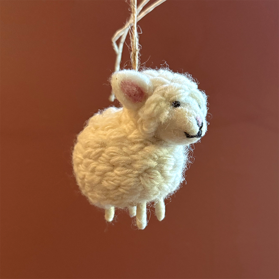 White felted wool sheep ornament