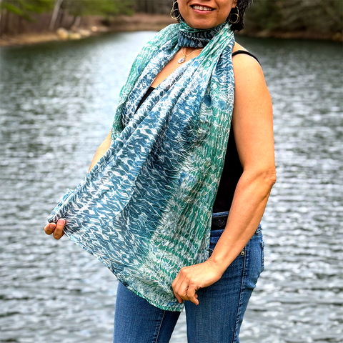 Silk scarf with green and gray shibori design