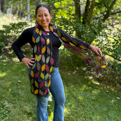 Fair trade silk felt scarf with leaf design