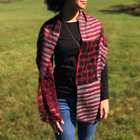 Red black silk dotted scarf with felting