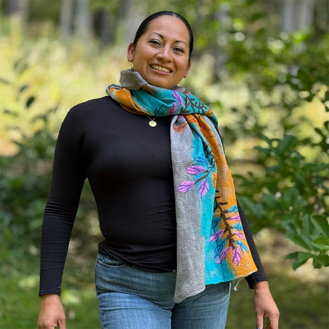 Felted silk merino wool scarf with branch design