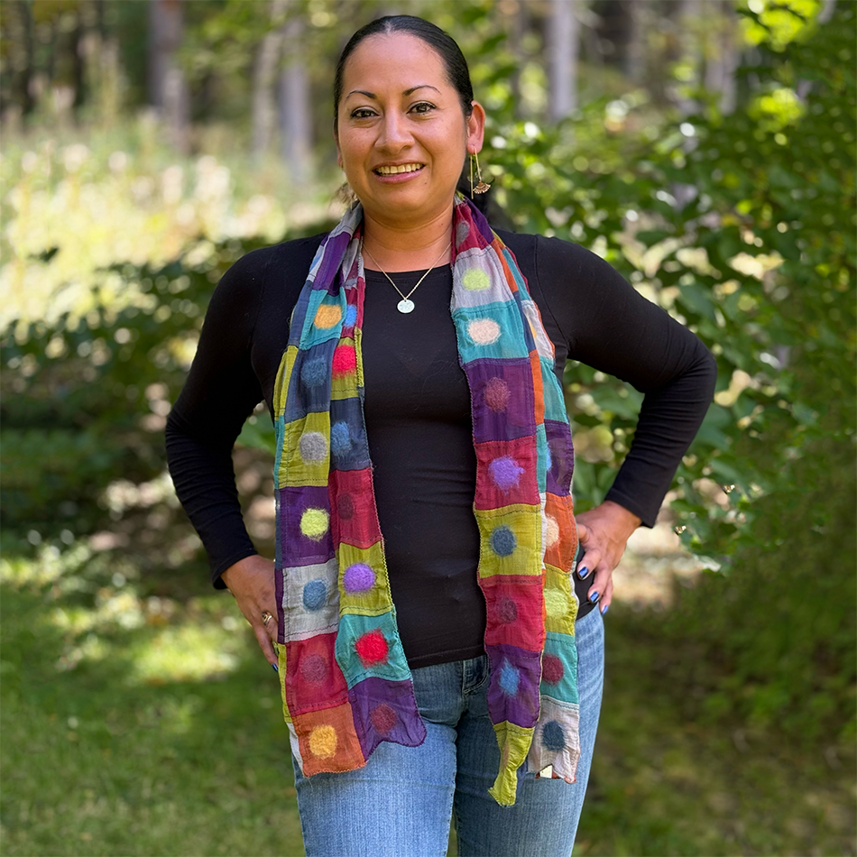 Fair trade silk scarf with colorful wool felted polka dots