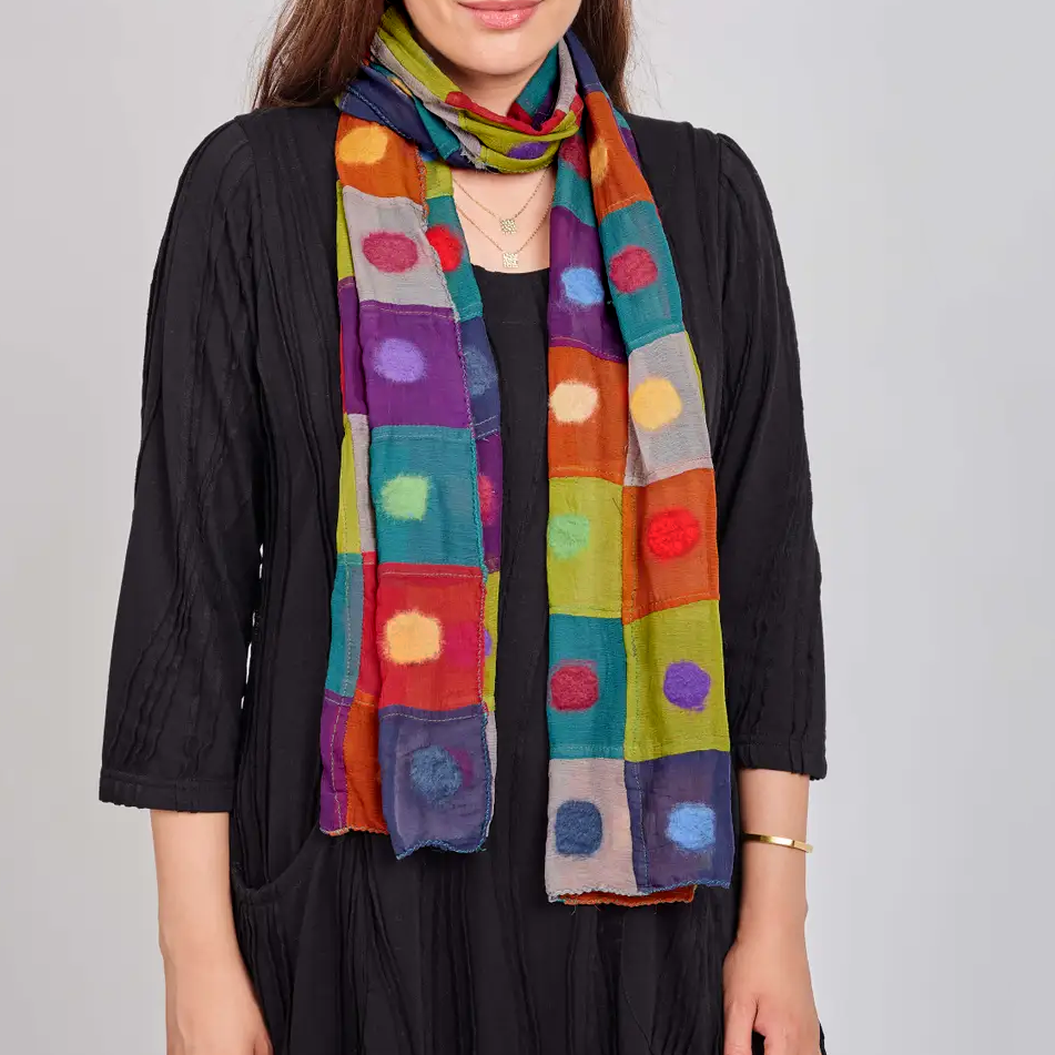 Fair trade silk scarf with colorful wool felted polka dots