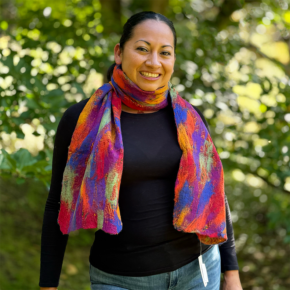 Fair trade felted silk scarf reds oranges blues bright.